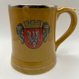 Vintage Japan Ceramic Beer Stein Mustard Yellow Heraldic Eagle Coat of Arms Mug